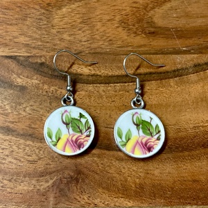 Angol mentett porcelán darabok - sárga rózsás fülbevaló - nemesacél, lógós - Meska.hu