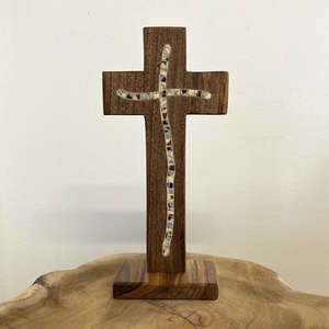 Asztali fakereszt mentett porcelán berakással, diófa, Otthon & Életmód, Vallás, Kereszt, Mozaik, MESKA