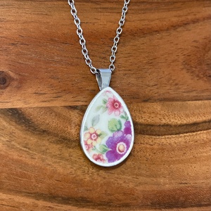 Francia mentett porcelán darabok - virágos nyaklánc - nemesacél csepp medálos - ékszer - nyaklánc - medálos nyaklánc - Meska.hu