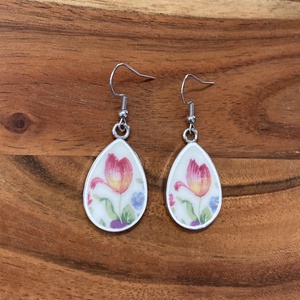 Francia mentett porcelán darabok - tulipános nemesacél fülbevaló - csepp forma - ékszer - fülbevaló - lógó fülbevaló - Meska.hu