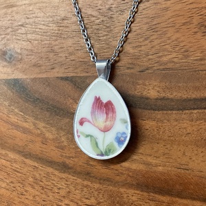 Francia mentett porcelán darabok - tulipános nyaklánc - nemesacél csepp medálos - ékszer - nyaklánc - medálos nyaklánc - Meska.hu