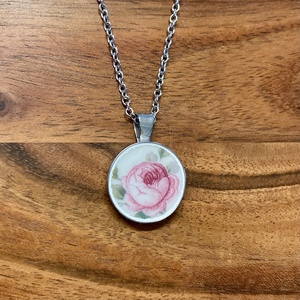 Francia mentett porcelán darabok - rózsás nyaklánc - nemesacél kerek medálos - ékszer - nyaklánc - medálos nyaklánc - Meska.hu