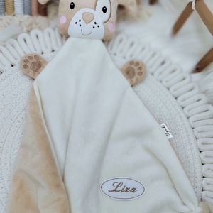 Bézs plüss rongyi kutyus - baba - mama - baba játékok - szundikendő, alvóka - Meska.hu