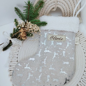 Mikulás csizma ezüst szarvasok, Karácsony, Mikulás, Mikulás csizma és zokni, Hímzés, Varrás, MESKA