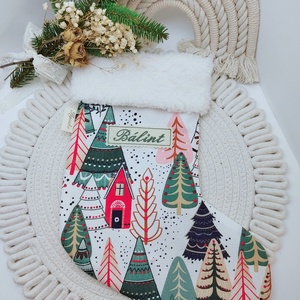 Mikulás csizma, színes karácsonyi táj, Karácsony, Mikulás, Mikulás csizma és zokni, Hímzés, Varrás, MESKA