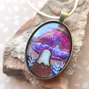 Varázsgomba Holddal - üveglencsés medál, Ékszer, Nyaklánc, Medál, Ékszerkészítés, Festett tárgyak, MESKA