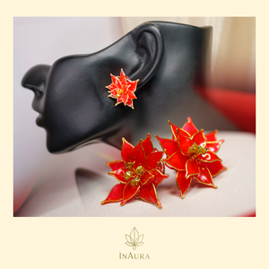 Piros-arany virág fülbevaló, Ékszer, Fülbevaló, Fülékszer, Ékszerkészítés, MESKA