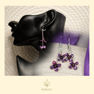 Lila csillogó virágos lógós fülbevaló, Ékszer, Fülbevaló, Lógó fülbevaló, Ékszerkészítés, MESKA