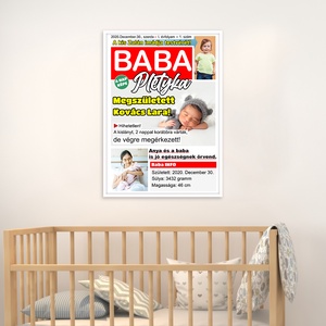 Babaposzter keretezve születési adatokkal újság, Babaszobába, Születésnapra, Újszülött ajándék, Otthon & Életmód, Babaszoba, gyerekszoba, Babaszoba kép, Fotó, grafika, rajz, illusztráció, MESKA