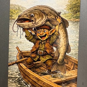 Hűtőmágnes - Kobold harcsát fog a folyón, Otthon & Életmód, Konyhafelszerelés, tálalás, Konyhai dekoráció, Hűtőmágnes, Fotó, grafika, rajz, illusztráció, MESKA