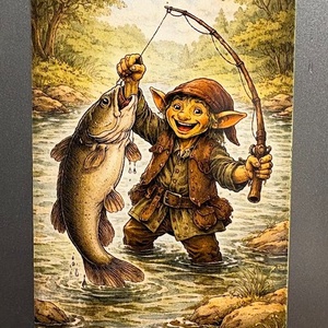 Hűtőmágnes - Kobold halat fog a patakban, Otthon & Életmód, Konyhafelszerelés, tálalás, Konyhai dekoráció, Hűtőmágnes, Fotó, grafika, rajz, illusztráció, MESKA