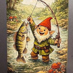 Hűtőmágnes - Törpe süllőt fog a patakban, Otthon & Életmód, Konyhafelszerelés, tálalás, Konyhai dekoráció, Hűtőmágnes, Fotó, grafika, rajz, illusztráció, MESKA