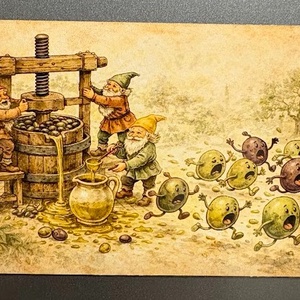 Hűtőmágnes - Menekülő olajbogyók, Otthon & Életmód, Konyhafelszerelés, tálalás, Konyhai dekoráció, Hűtőmágnes, Fotó, grafika, rajz, illusztráció, MESKA