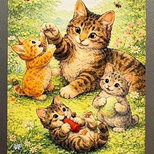 Hűtőmágnes - Cicamama a kiscicáival, Otthon & Életmód, Konyhafelszerelés, tálalás, Konyhai dekoráció, Hűtőmágnes, Fotó, grafika, rajz, illusztráció, MESKA