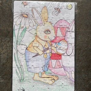 Hűtőmágnes puzzle - Húsvéti nyúl tojást fest, Otthon & Életmód, Konyhafelszerelés, tálalás, Konyhai dekoráció, Hűtőmágnes, Fotó, grafika, rajz, illusztráció, MESKA