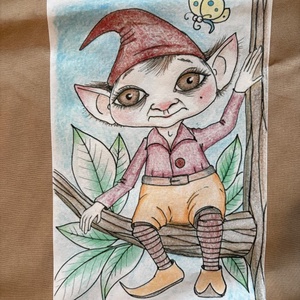 Drapp vászonszatyor kedves manó mintával - táska & tok - bevásárlás & shopper táska - shopper, textiltáska, szatyor - Meska.hu