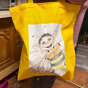 Sárga vászonszatyor méhecske mintával - táska & tok - bevásárlás & shopper táska - shopper, textiltáska, szatyor - Meska.hu