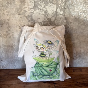 Fehér vászonszatyor zöldtündér mintával, Táska & Tok, Bevásárlás & Shopper táska, Shopper, textiltáska, szatyor, Fotó, grafika, rajz, illusztráció, MESKA