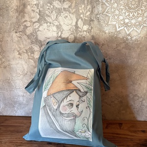 Zöldeskék vászonszatyor törpe apó mintával, Táska & Tok, Bevásárlás & Shopper táska, Shopper, textiltáska, szatyor, Fotó, grafika, rajz, illusztráció, MESKA