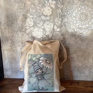 Natúr vászonszatyor tavaszi manólány mintával, Táska & Tok, Bevásárlás & Shopper táska, Shopper, textiltáska, szatyor, Fotó, grafika, rajz, illusztráció, MESKA