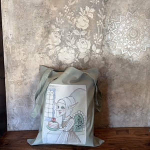 Khaki vászonszatyor németalföldi manólány mintával, Táska & Tok, Bevásárlás & Shopper táska, Shopper, textiltáska, szatyor, Fotó, grafika, rajz, illusztráció, MESKA