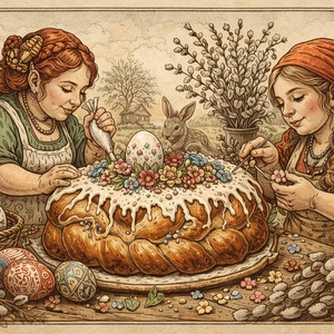 Képeslap - törpe asszonyok húsvéti kalácsot készítenek - ünnepi díszek, dekorációk - húsvéti díszek és dekorációk - húsvéti képeslapok - Meska.hu