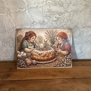 Képeslap - törpe asszonyok húsvéti kalácsot készítenek, Ünnepi díszek, dekorációk, Húsvéti díszek és dekorációk, Húsvéti képeslapok, Fotó, grafika, rajz, illusztráció, MESKA