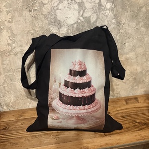 Fekete vászonszatyor torta mintával - Meska.hu