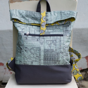 AKCIÓ!!! Modern hátizsák - Visszahajtott tetejű (szürkéskék-sárga) - Meska.hu