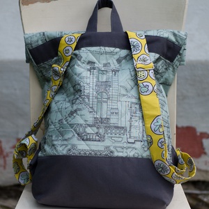 AKCIÓ!!! Modern hátizsák - Visszahajtott tetejű (szürkéskék-sárga) -  - Meska.hu