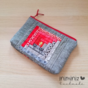 Patchwork neszesszer, cipzáros tok, tartó - Piros-szürke log cabin - Meska.hu