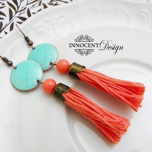 colorBlocking - bojtos tűzzománc fülbevaló (korall-menta) -  - Meska.hu