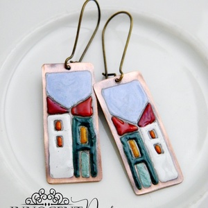 Hundertwasser - színes házikó - tűzzománc fülbevaló  - ékszer - fülbevaló - lógó fülbevaló - Meska.hu