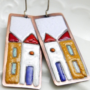 Hundertwasser - színes házikó - tűzzománc fülbevaló  - ékszer - fülbevaló - lógó fülbevaló - Meska.hu