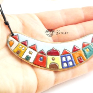 Hundertwasser - színes házikó - tűzzománc nyaklánc - ékszer - nyaklánc - medálos nyaklánc - Meska.hu