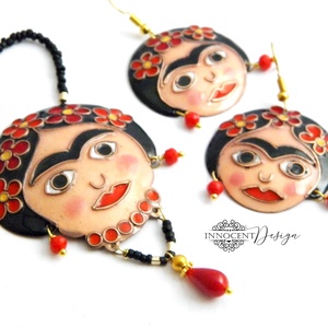 Frida - tűzzománc fülbevaló  - ékszer - fülbevaló - lógós kerek fülbevaló - Meska.hu
