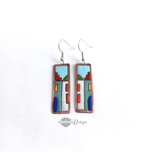 Hundertwasser - színes házikó - tűzzománc fülbevaló  - ékszer - fülbevaló - lógó fülbevaló - Meska.hu