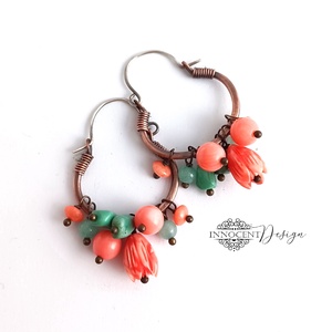 Korallbogyó - réz fülbevaló ásványkövekkel - ékszer - fülbevaló - karika fülbevaló - Meska.hu