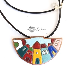 Hundertwasser - színes házikó - tűzzománc nyaklánc  - ékszer - nyaklánc - medálos nyaklánc - Meska.hu