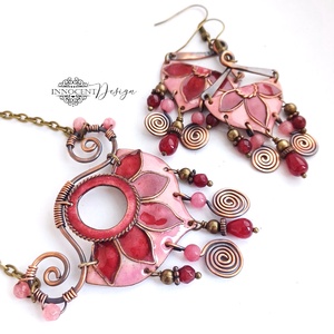 Büvellő - tűzzománc fülbevaló - rózsaszín-bordó  - ékszer - fülbevaló - lógó fülbevaló - Meska.hu