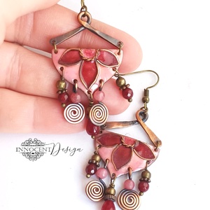 Büvellő - tűzzománc fülbevaló - rózsaszín-bordó  - ékszer - fülbevaló - lógó fülbevaló - Meska.hu