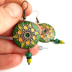 Mandala - tűzzománc fülbevaló (zold) - ékszer - fülbevaló - lógós kerek fülbevaló - Meska.hu