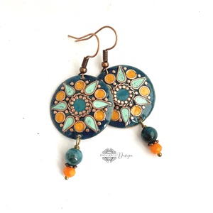 Mandala - tűzzománc fülbevaló (sötét türkiz), Ékszer, Fülbevaló, Lógós kerek fülbevaló, Tűzzománc, Ötvös, MESKA