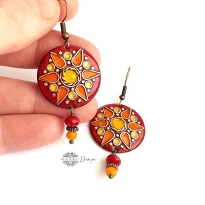 Mandala - tűzzománc fülbevaló (piros) - ékszer - fülbevaló - lógós kerek fülbevaló - Meska.hu