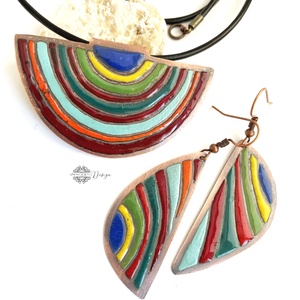 Hundertwasser - színes város - tűzzománc nyaklánc és fülbevaló szett- csíkos - Meska.hu