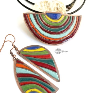 Hundertwasser - színes város - tűzzománc nyaklánc és fülbevaló szett- csíkos - ékszer - ékszerszett - Meska.hu