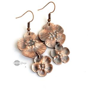 Gyöngy+virág - kovácsolt vörösréz fülbevaló - dupla , Ékszer, Fülbevaló, Lógó fülbevaló, Ötvös, MESKA