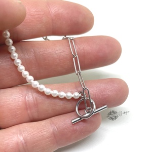 Ezüst paperclip karkötő tenyésztett gyönggyel  - ékszer - karkötő - gyöngyös karkötő - Meska.hu