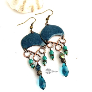 Medúza - tűzzománc fülbevaló (sötét türkiz/petrolkék) - ékszer - fülbevaló - lógó fülbevaló - Meska.hu