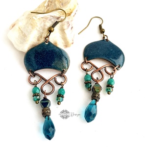 Medúza - tűzzománc fülbevaló (sötét türkiz/petrolkék) - ékszer - fülbevaló - lógó fülbevaló - Meska.hu